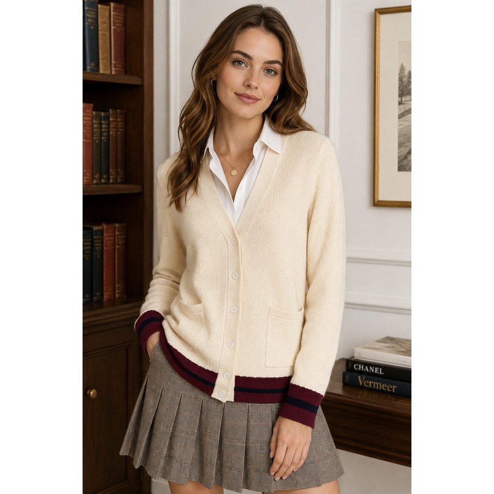 Joie Women's Ivory Burgundy Siddie Wool & Silk Cardigan sz M Preppy Old Money